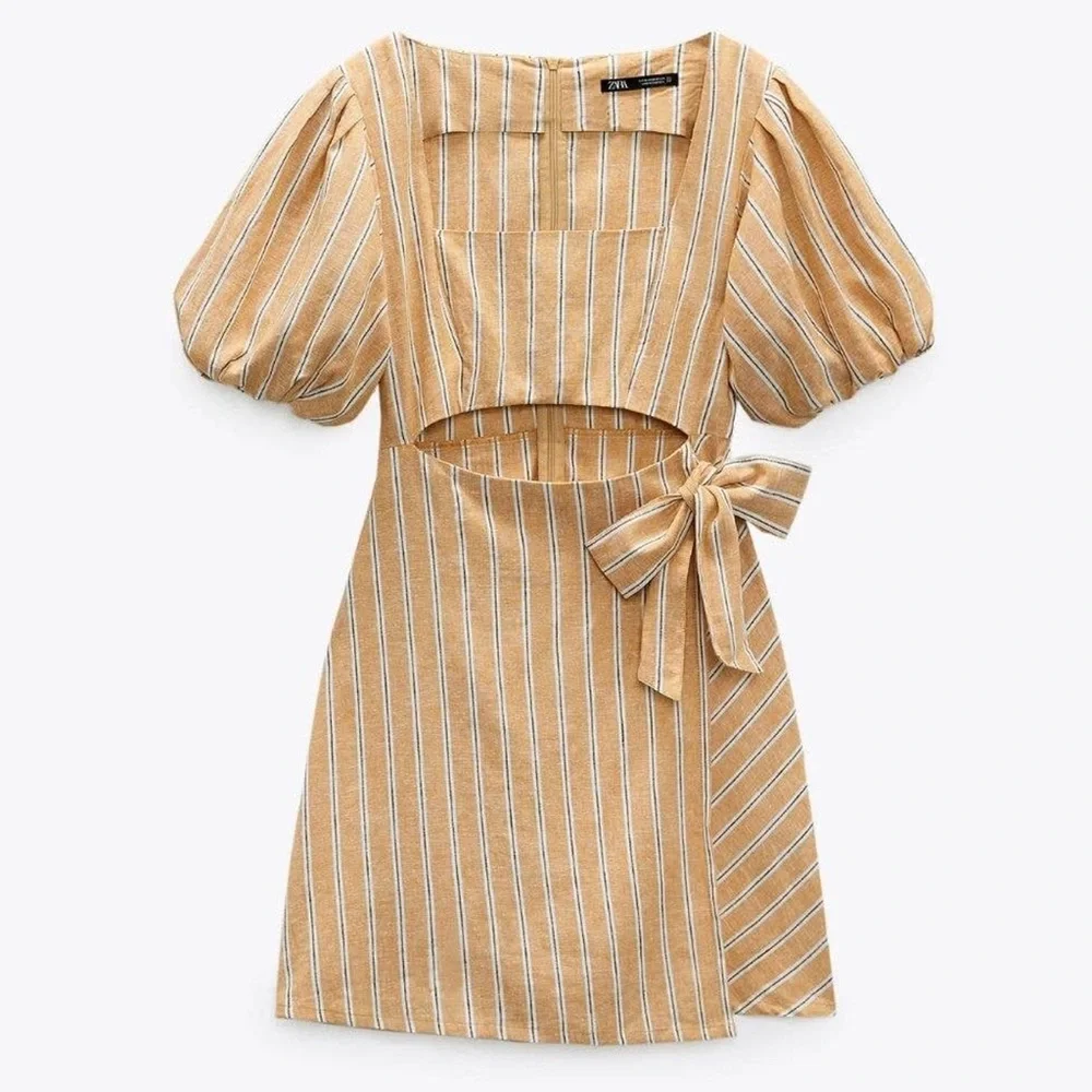Zara Sunkissed Linen Cutout Mini Coastal Cowgirl Cottagecore Mustard Yellow M - Picture 3 of 15
